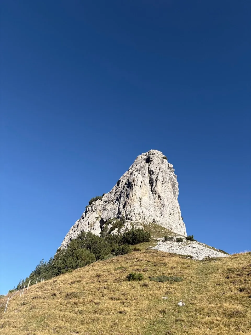 The bright, pointed limestone tower of the Schmalstöckli against a deep blue sky, a grassy alpine slope in front.
