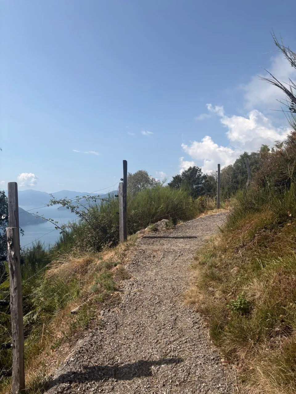 A gravel path running along a wire fence on wooden posts, with Lago Maggiore far below through the scrub.
