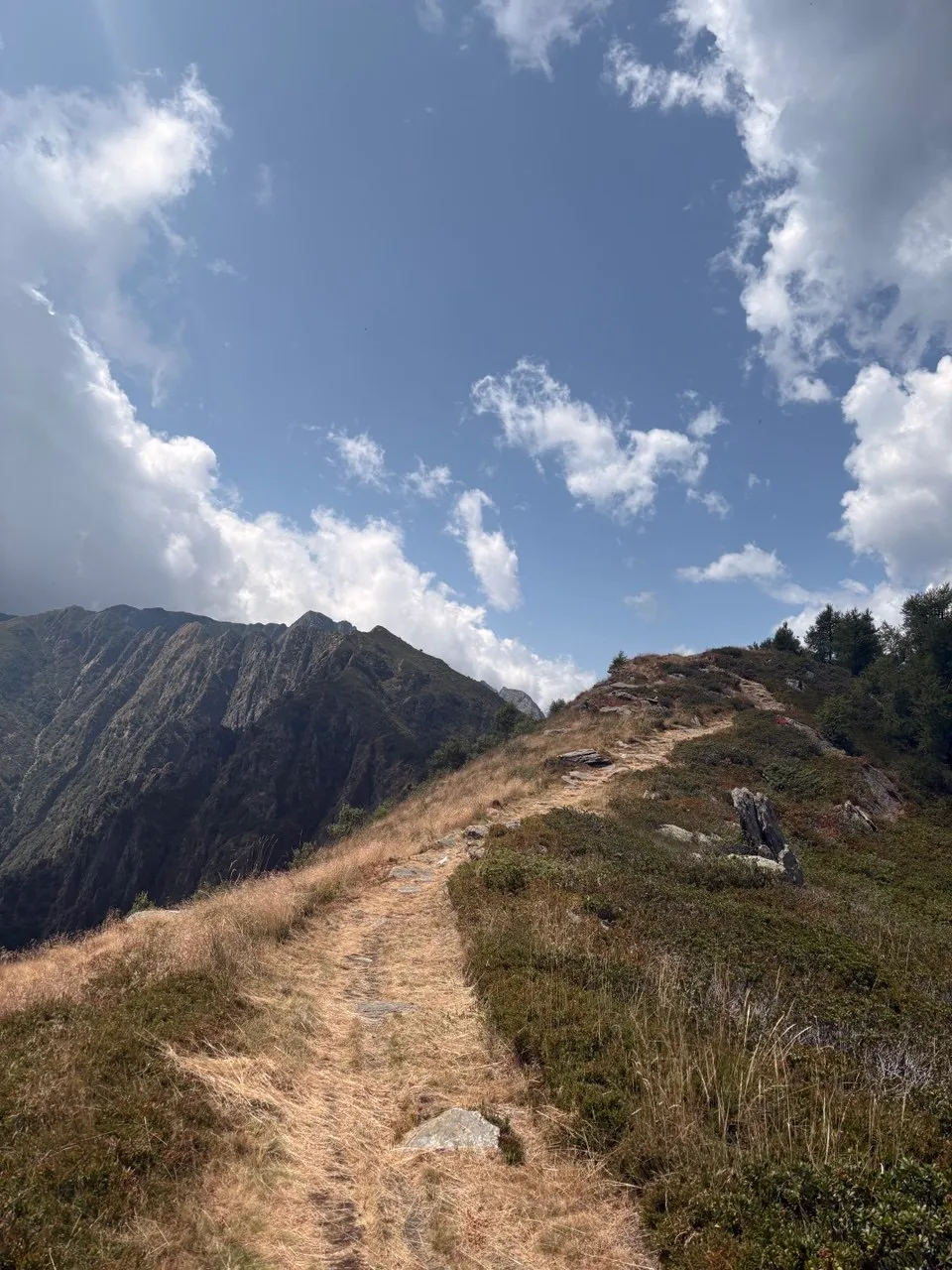 A narrow trail along a grassy ridge crest, a rugged rock face falling away on the left under a big cloudy sky.