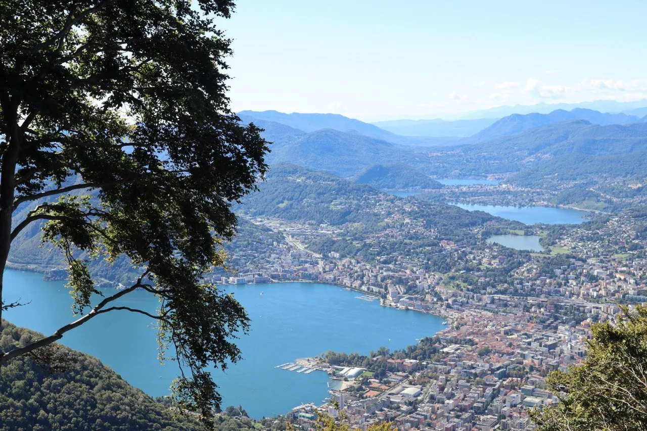 Aerial view over Lake Lugano and the city, framed by tree branches.