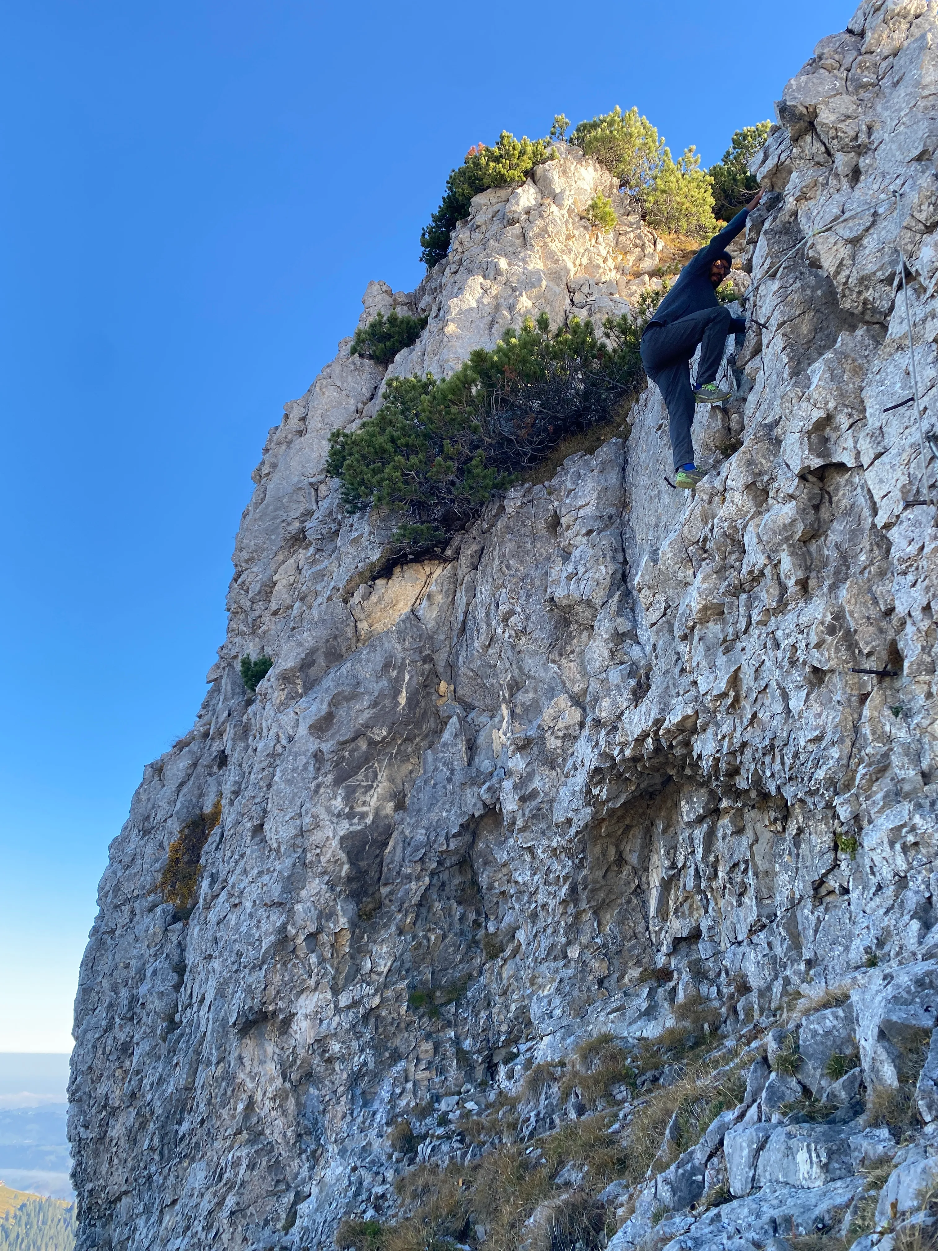 A person in dark clothing climbing a steep grey limestone wall, mountain pines and deep blue sky above.