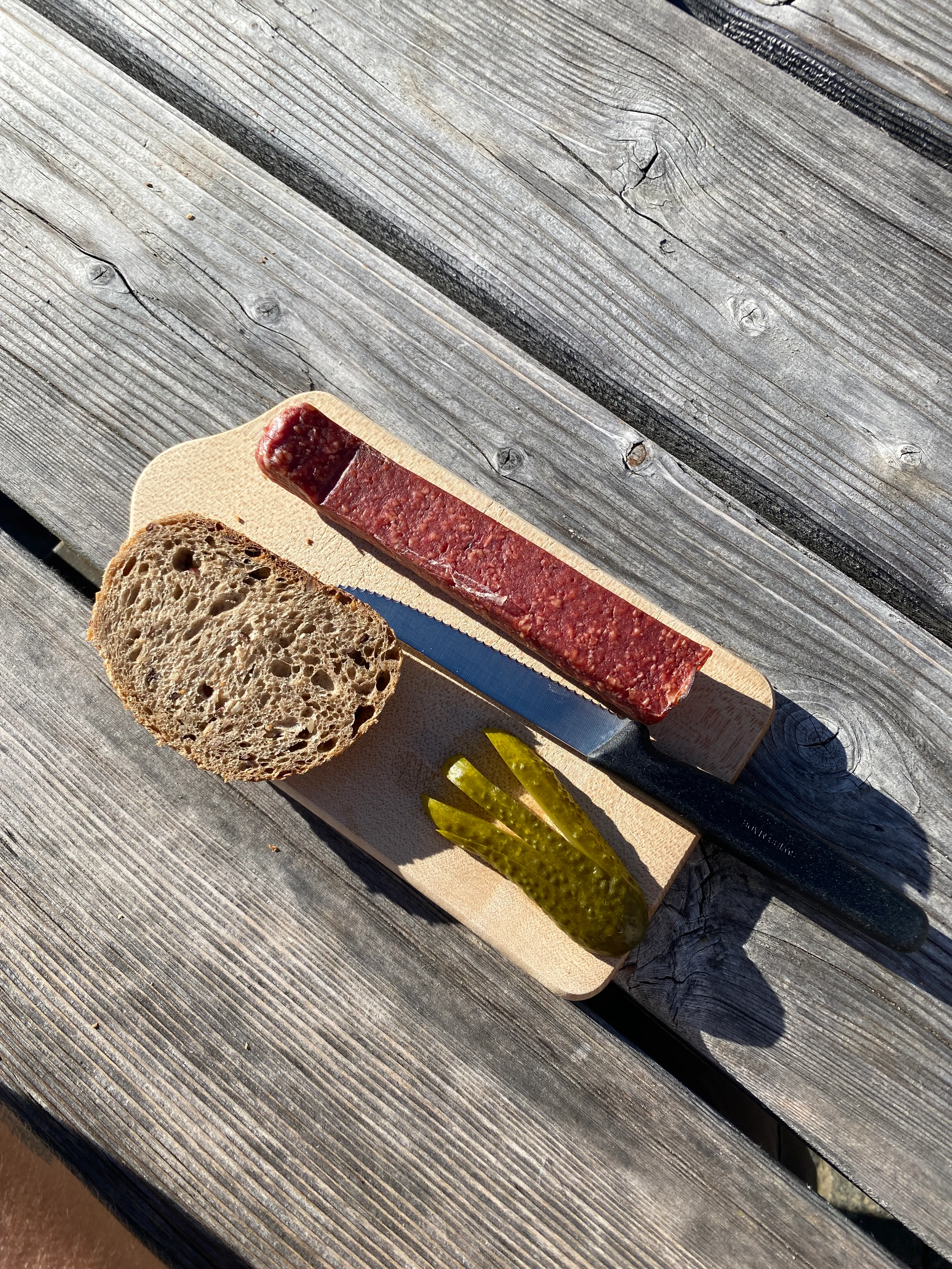 Dried sausage, bread and a pickle on a wooden board at the Zwinglipasshütte.