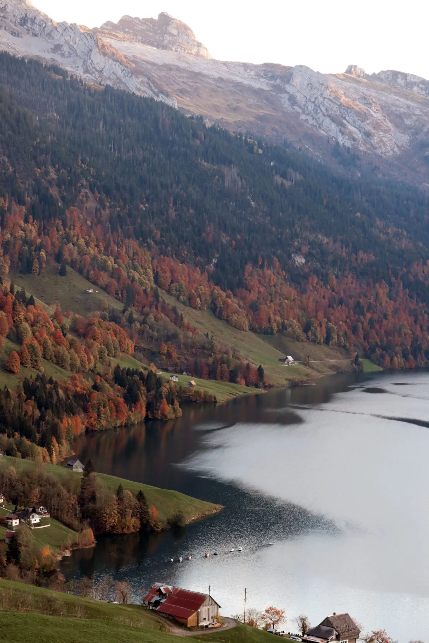 Lake Wägital with autumn shores and steep walls rising behind.