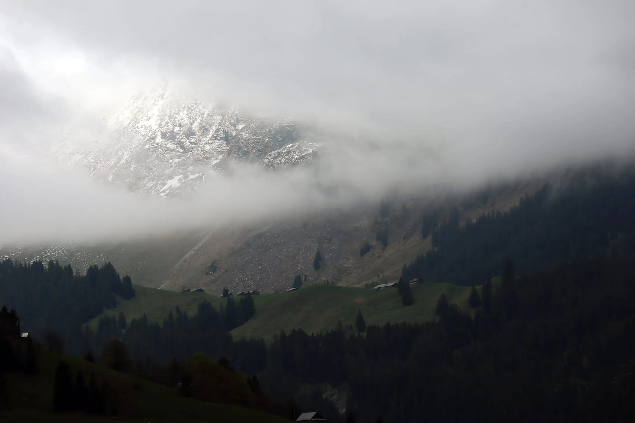 Snow-dusted peak peeking through low clouds above green alpine pastures.