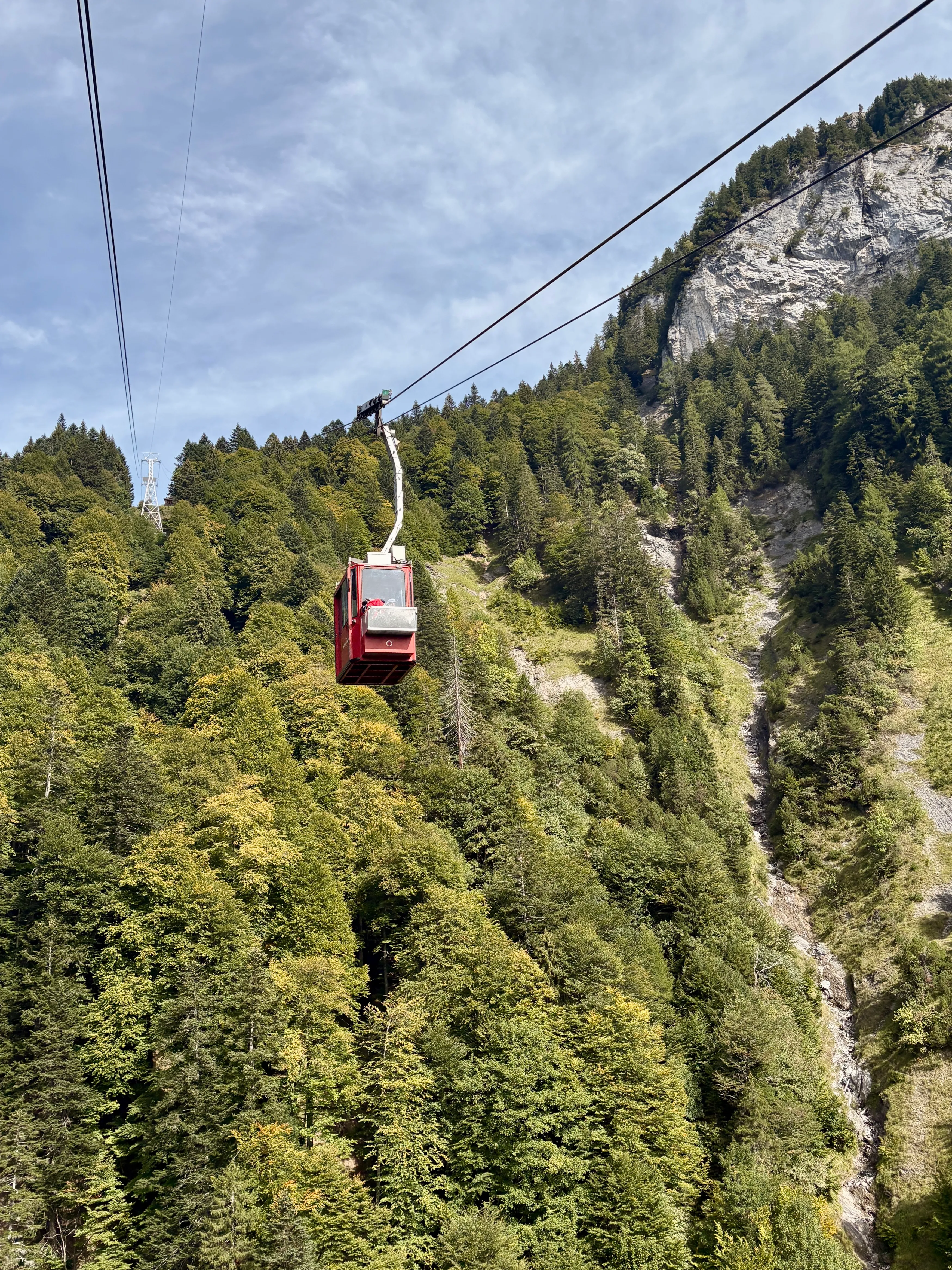 The small red cabin of the Palfriesbahn floats up a rock face with a waterfall gully, above steep forest.