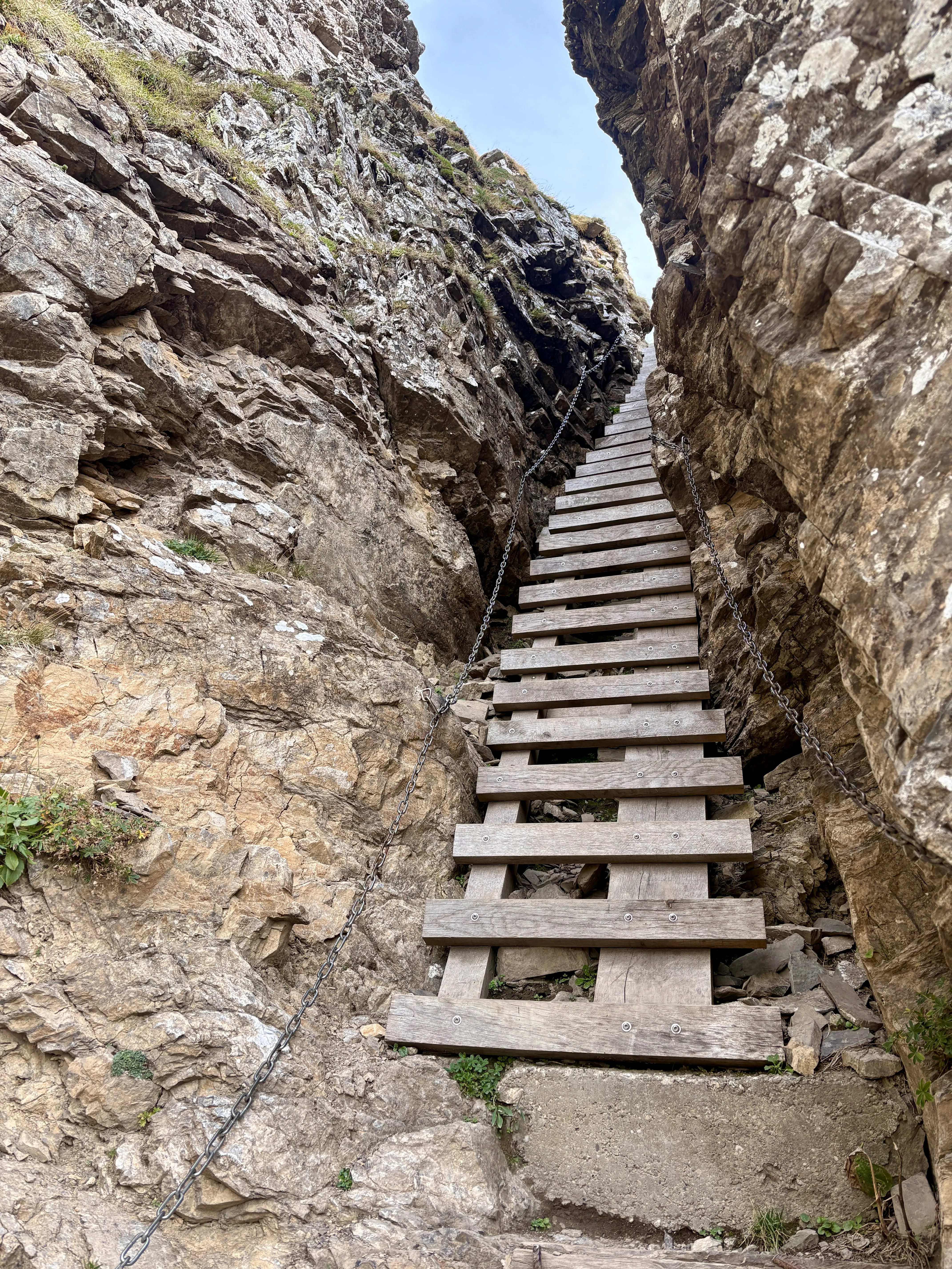A wooden ladder with safety chains climbs steeply up a narrow cleft in the rock.