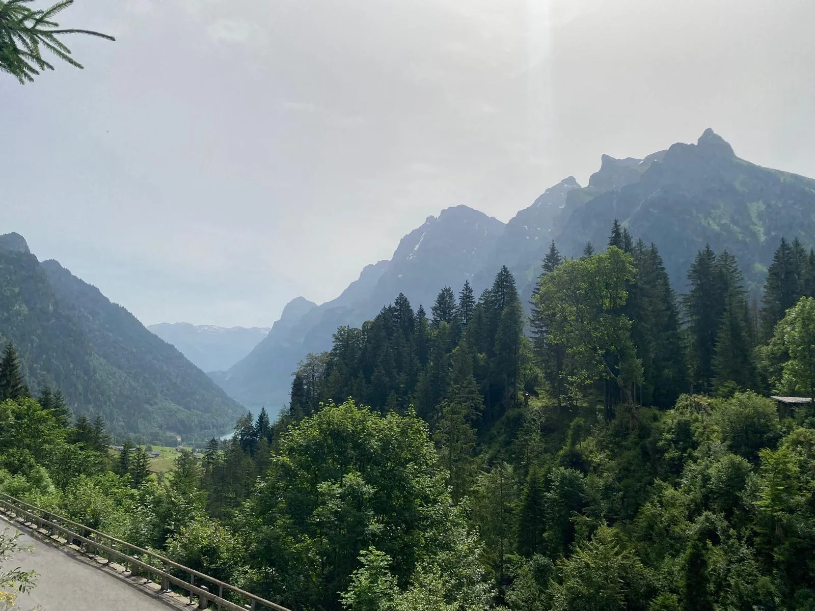 View from the road over treetops into the hazy Klöntal valley with the lake at the far end.