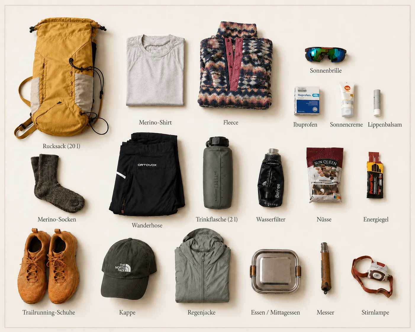 Die komplette Tagesausrüstung ausgebreitet und angeschrieben: 20-l-Rucksack, Merino-Shirt, Fleece, Sonnenbrille, Ibuprofen, Sonnencreme und Lippenpflege, Merino-Socken, Wanderhose, 2-l-Wasserflasche, Wasserfilter, Nüsse, Gel, Trailrunner, Kappe, Regenjacke, Lunchbox, Messer und Stirnlampe.