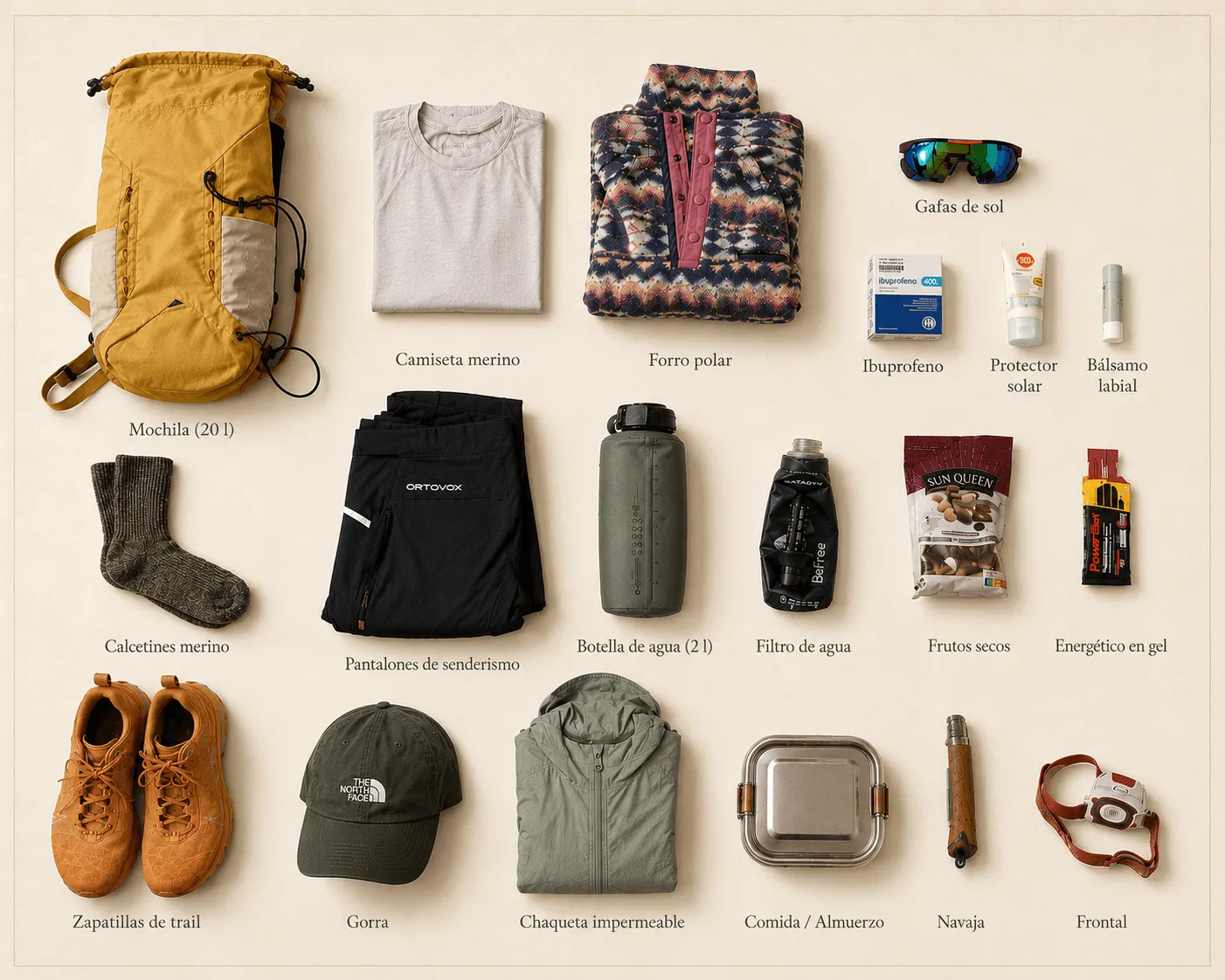 Todo el equipo de un día de excursión extendido y etiquetado: mochila de 20 l, camiseta de merino, forro polar, gafas de sol, ibuprofeno, crema solar y cacao labial, calcetines de merino, pantalón de montaña, botella de agua de 2 l, filtro de agua, frutos secos, gel, zapatillas de trail, gorra, chaqueta de lluvia, fiambrera, navaja y frontal.