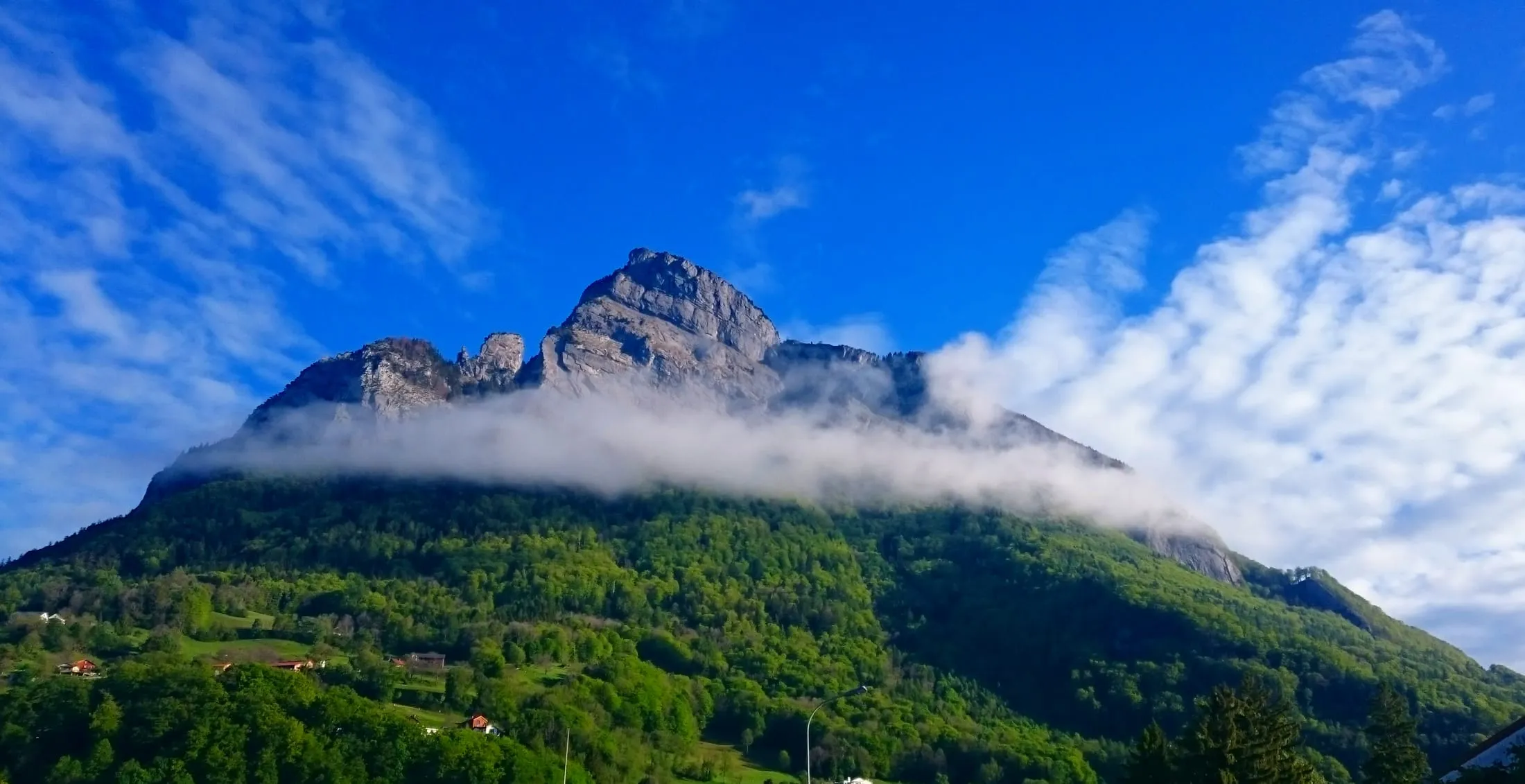 The Gonzen above Sargans, forested below and rocky above, with a band of cloud around its summit flank.