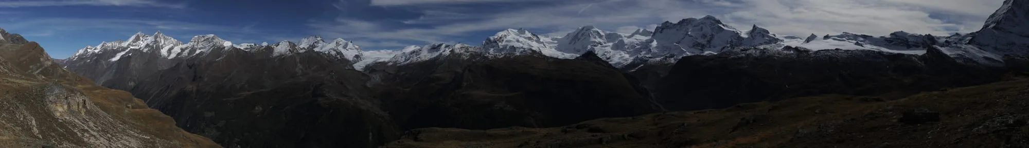 Panoramic view from the Höhbalmen traverse above Zermatt with the Matterhorn dominating the skyline.