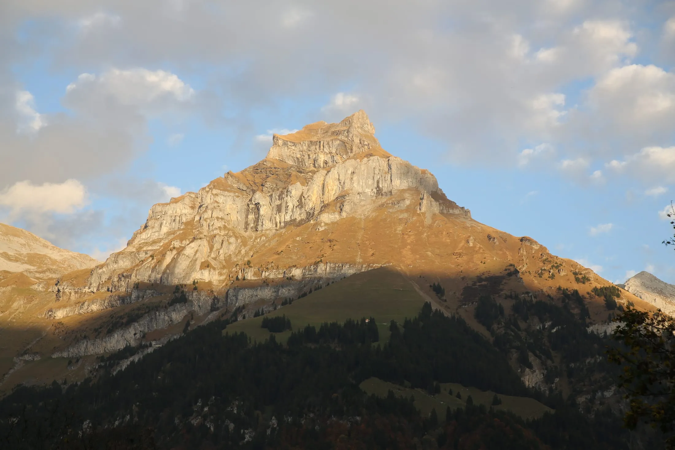 The rocky summit of the Hahnen near Engelberg in autumn evening light, rising above forested slopes.