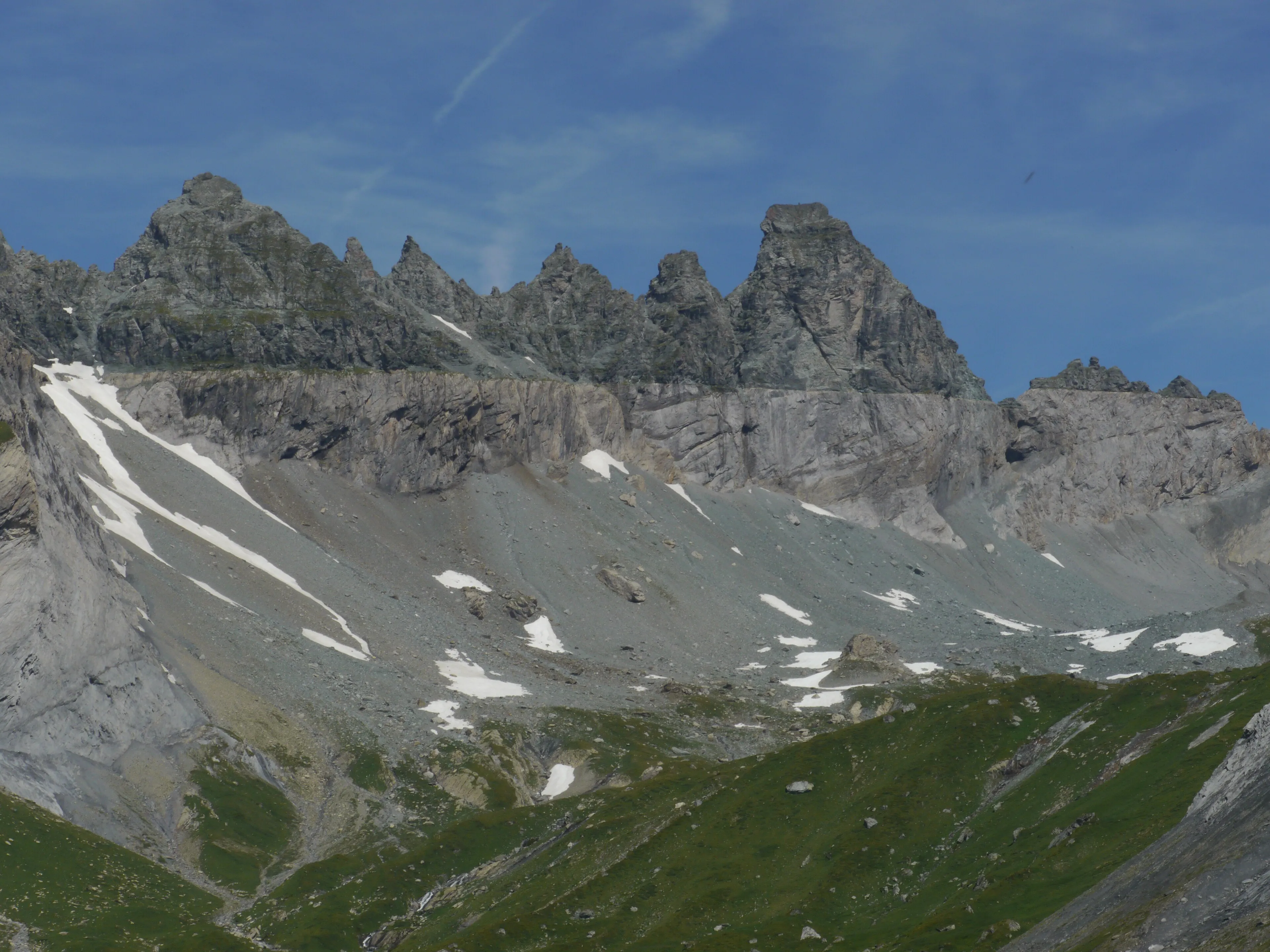 The Glarus Thrust at the Tschingelhörner — the sharp line where older rock was pushed over younger rock, in the Sardona UNESCO World Heritage site.