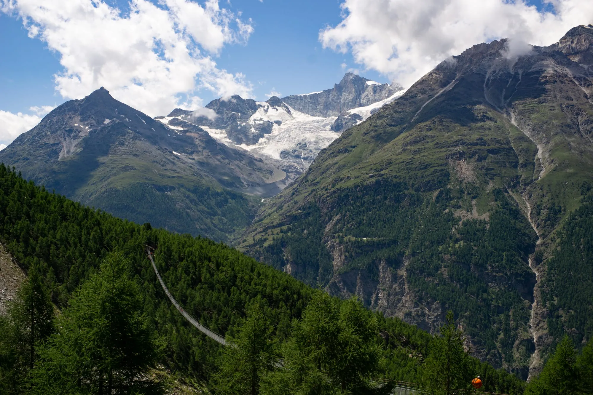 The 494-metre Charles Kuonen suspension bridge stretching across the Grabengufer ravine above Randa.