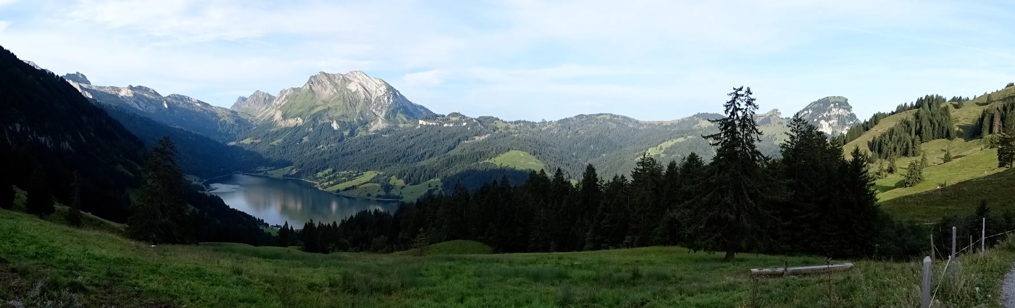 View across the Wägitalersee to the Fluebrig massif with Diethelm and Turner, in summer.