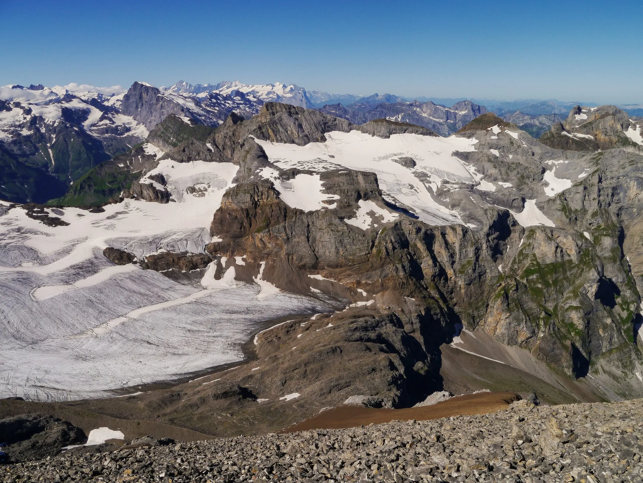 View from the Uri Rotstock across the Brunnifirn snowfields to the Uri Alps.