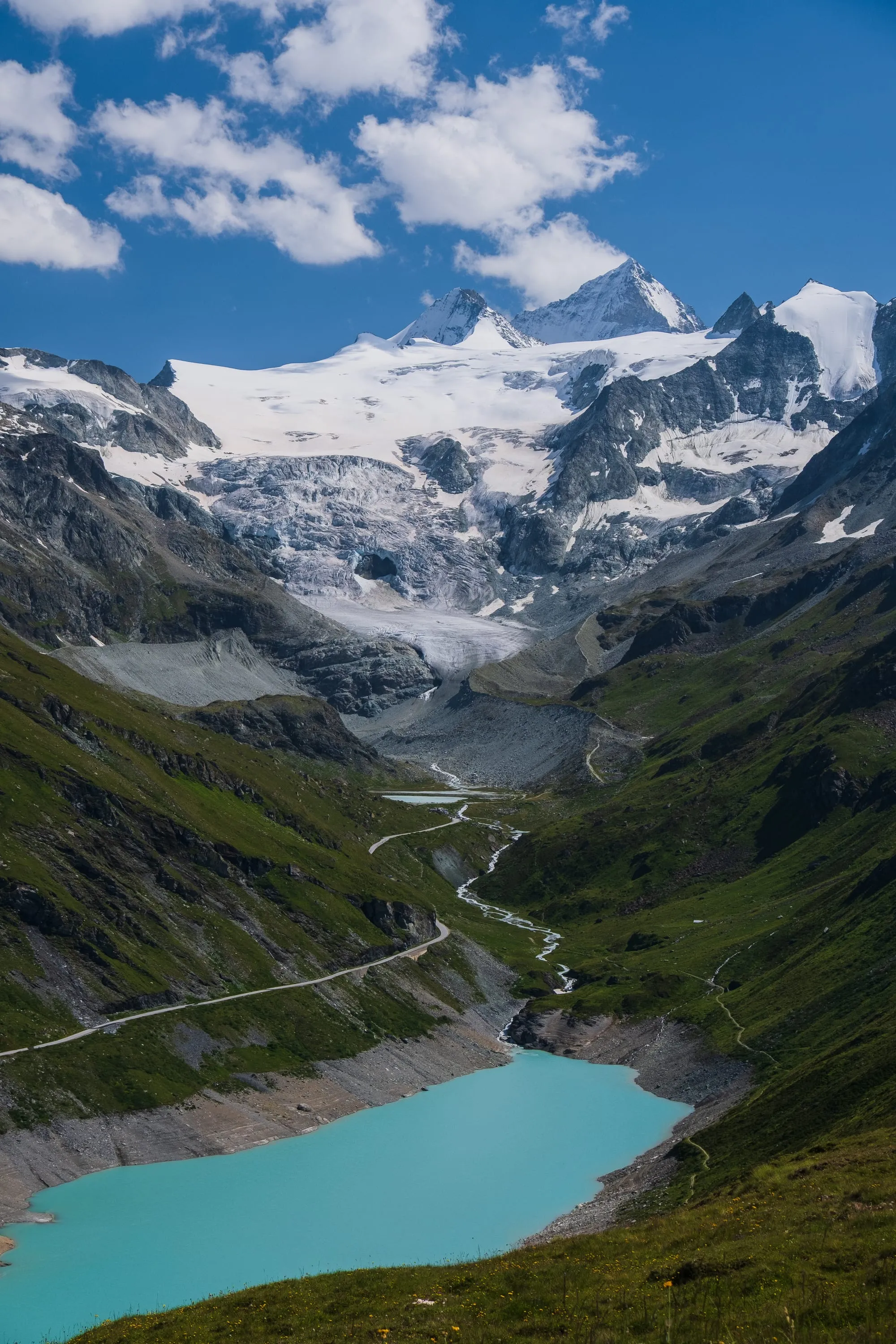 Turquoise Lac de Moiry meeting the tongue of the Moiry glacier at the head of the Val d'Anniviers.