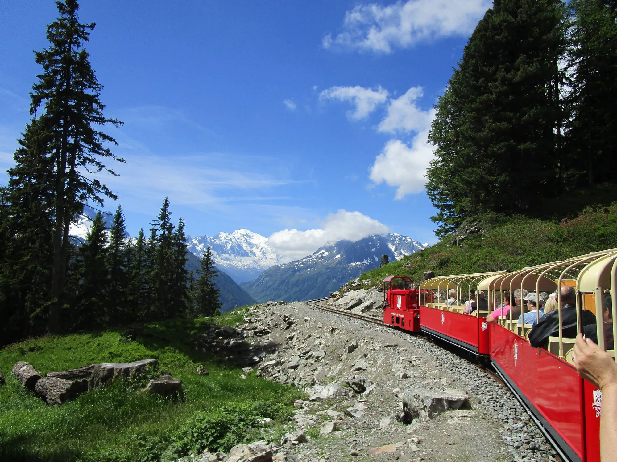 View from the Emosson balcony toward the Mont-Blanc massif in high summer.