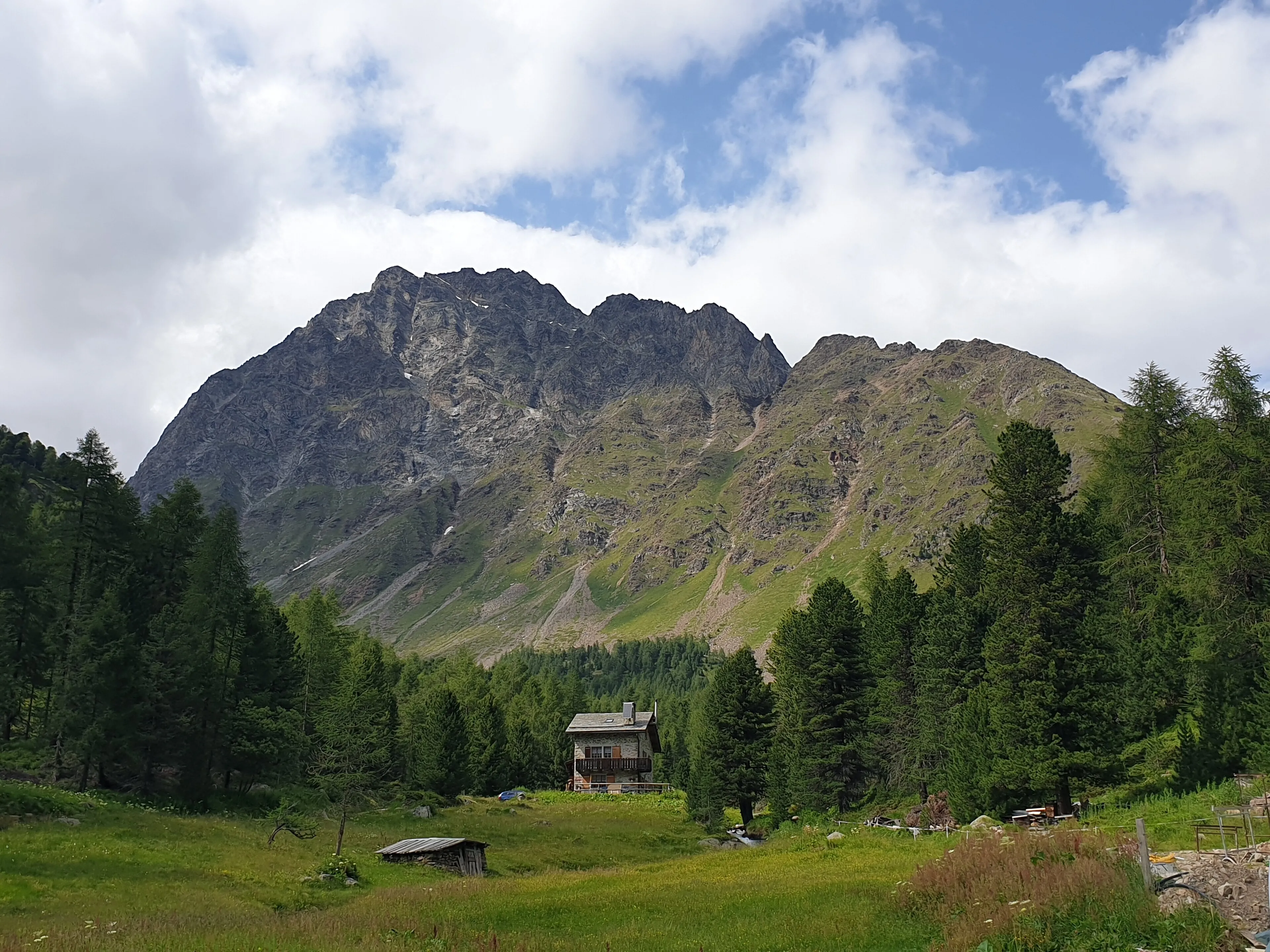 The Corn da Mürasciola above the Val di Campo, with the Rifugio Saoseo in the larch forest below.
