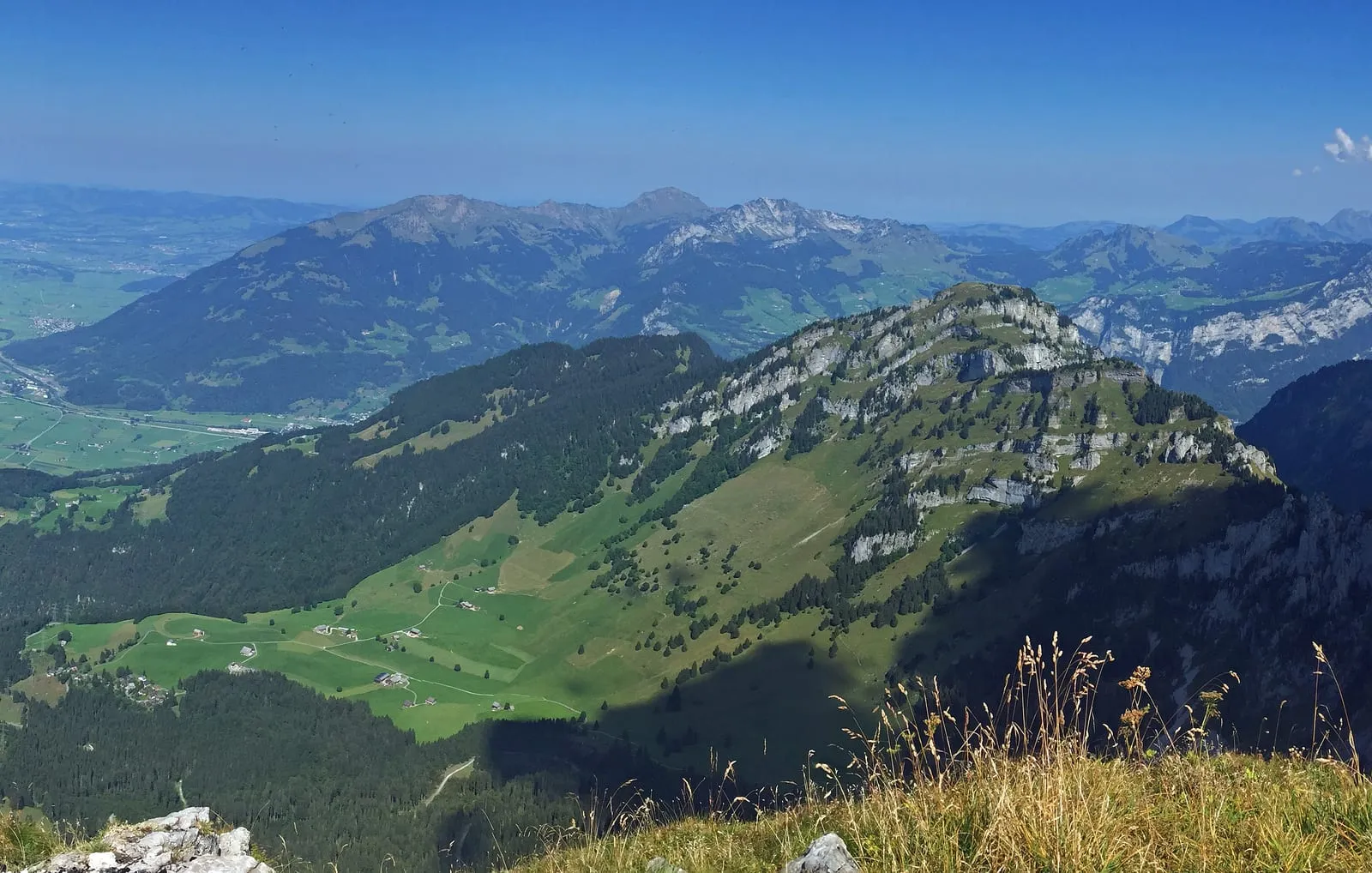 The grassy limestone crest of the Nüenchamm above the summer-green alpine pastures near Filzbach, seen from the Fronalpstock.