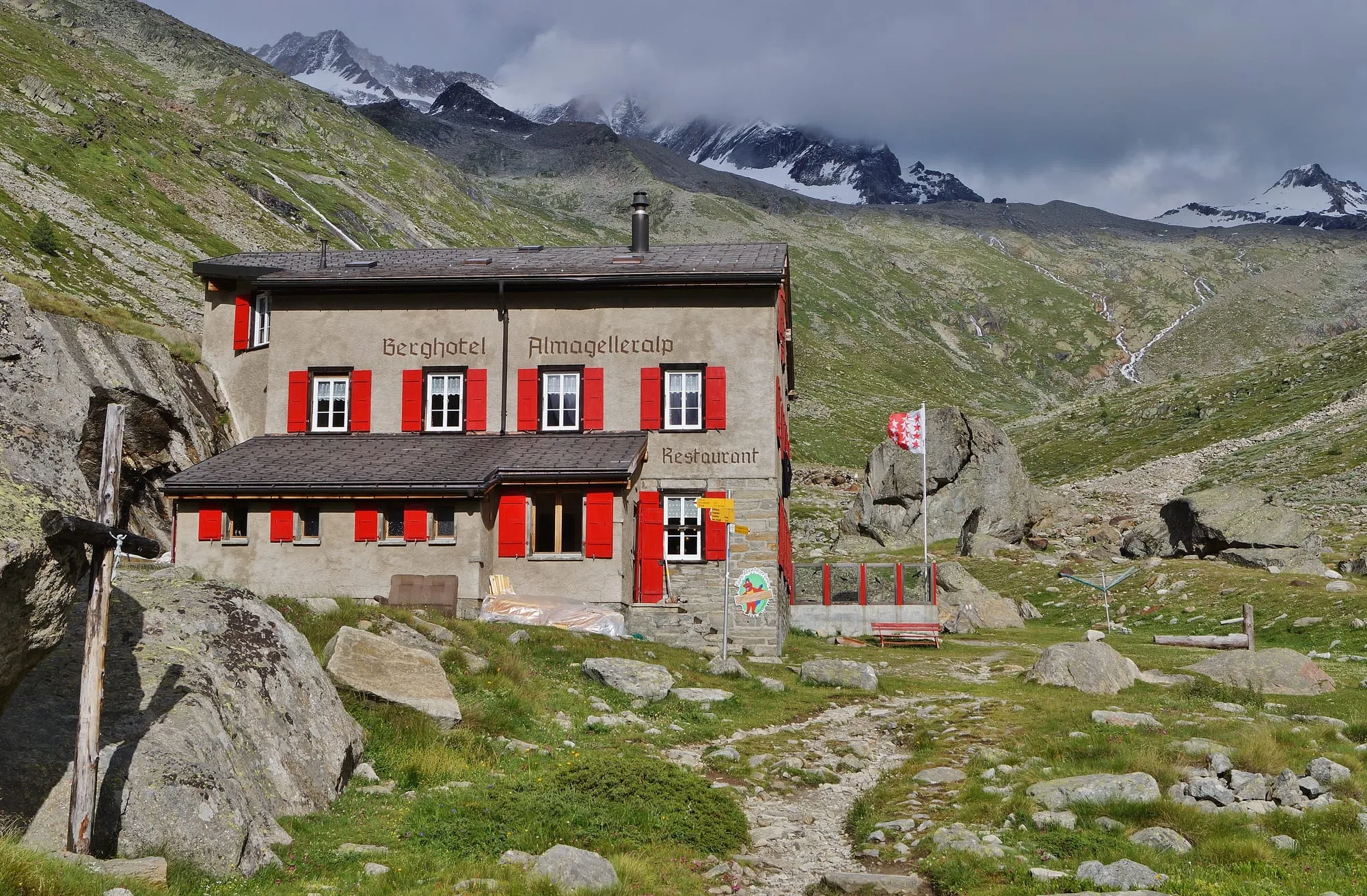 The Almagelleralp alpine pastures beneath the Weissmies above Saas-Almagell.
