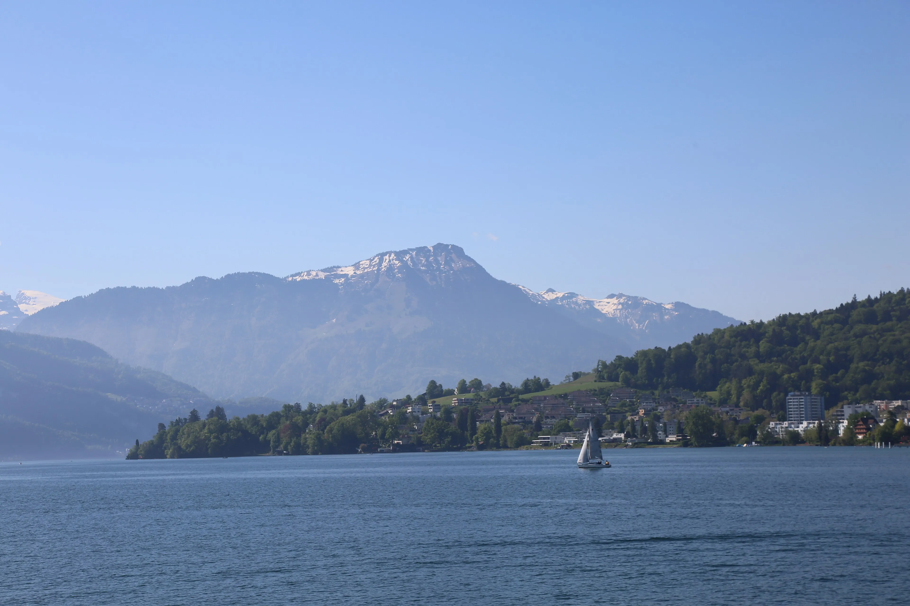 The Stanserhorn above Lake Lucerne, seen from a sailing boat on the lake.