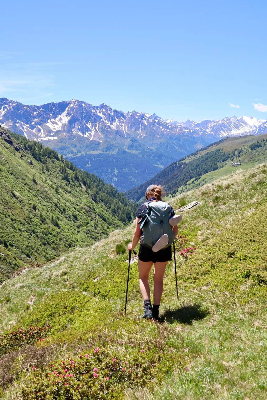 Hiker with a turquoise backpack looking out over a green ridge towards distant snow-capped mountains.