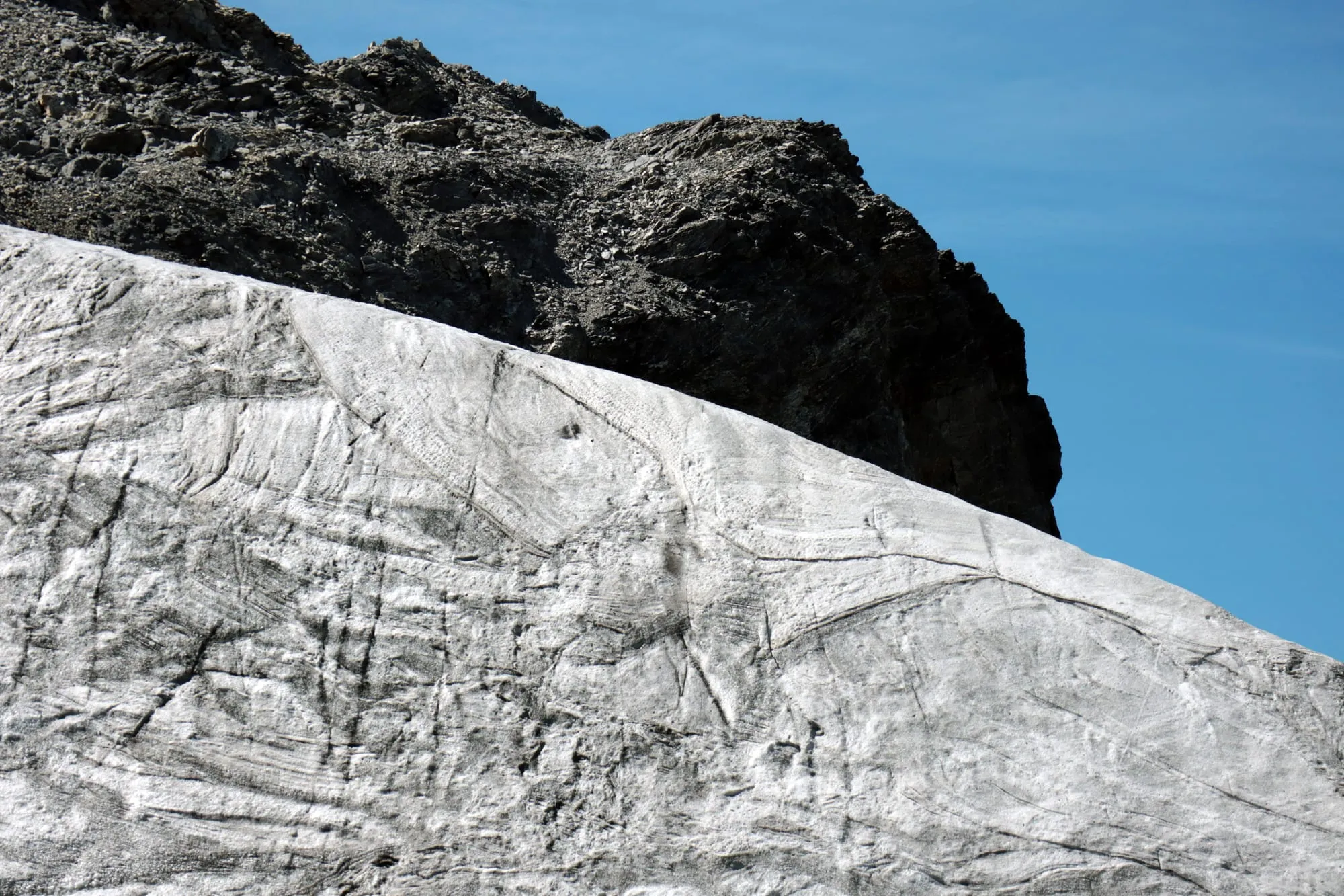 The glacier edge cuts a white line beneath the dark rock rib, crevasse patterns in the blank ice.