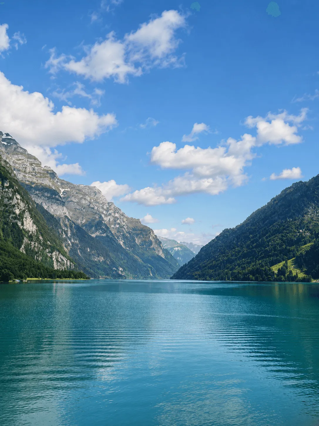 Klöntalersee turquesa bajo un cielo azul brillante, picos rocosos y laderas boscosas enmarcando el agua tranquila.