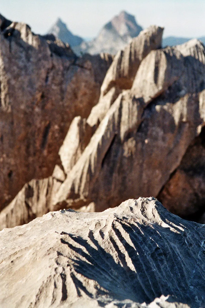 Close-up of sharply furrowed, karstic limestone rock, a pointed peak blurred behind.