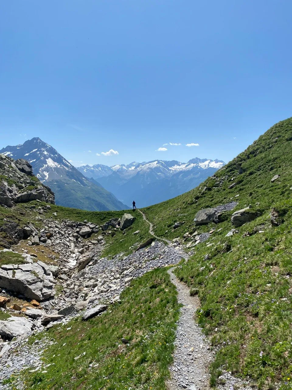 A hiker walks along a narrow gravel path through a green, rocky alpine valley, with snow-capped peaks in the background.