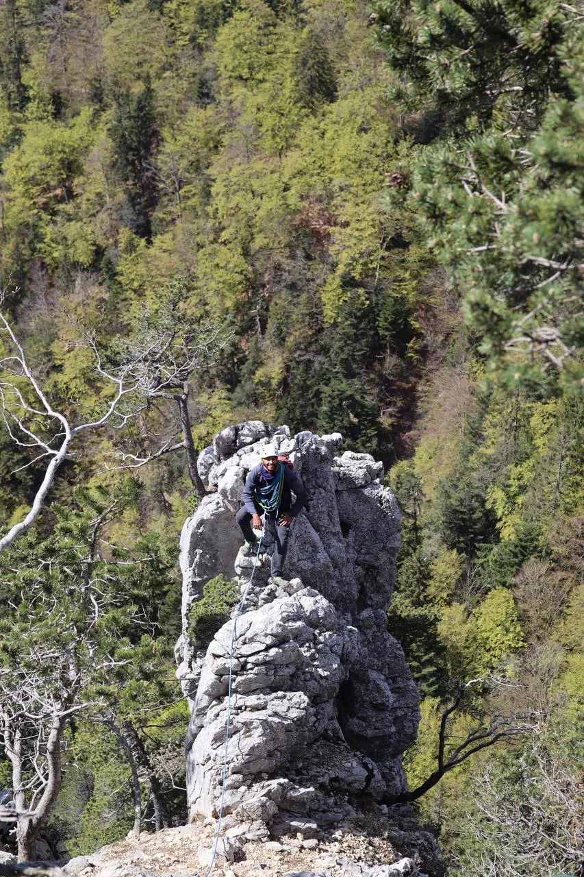 A helmeted climber stands on a grey limestone pinnacle, surrounded by spring-green Jura forest.