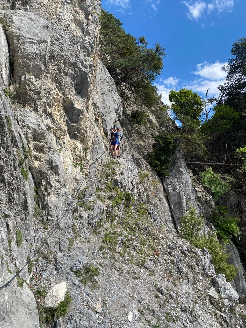 A hiker secured by a via ferrata cable climbs a steep pale limestone cliff band, trees framing the rock above.