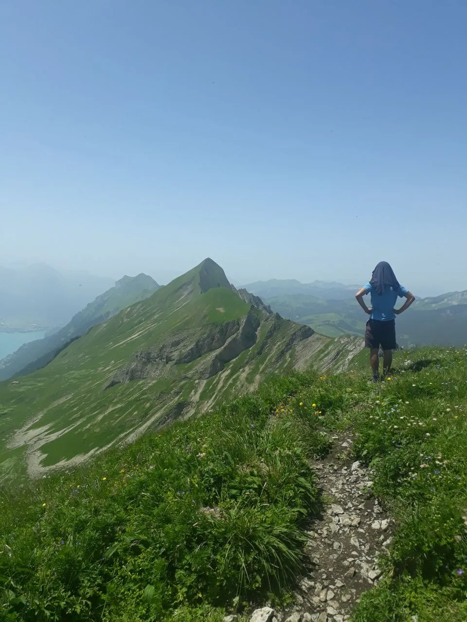 A narrow trail runs along the grassy Brienzergrat toward a green pyramid peak, a hiker pausing on the crest with the lake far below.
