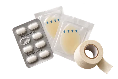 Tape, two blister plasters, ibuprofen